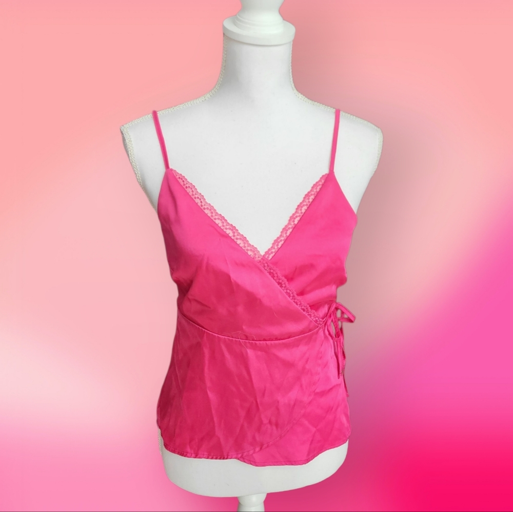 Pink Lace Trim Wrap Comisole Top With Spaghetti Straps